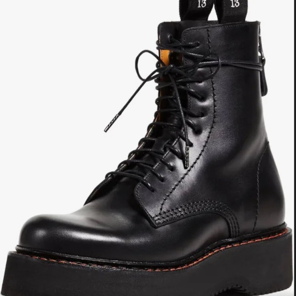 New R13 Ladies Black Leather Single Stack Lace Up Combat Boots Size EU 37 US 7
